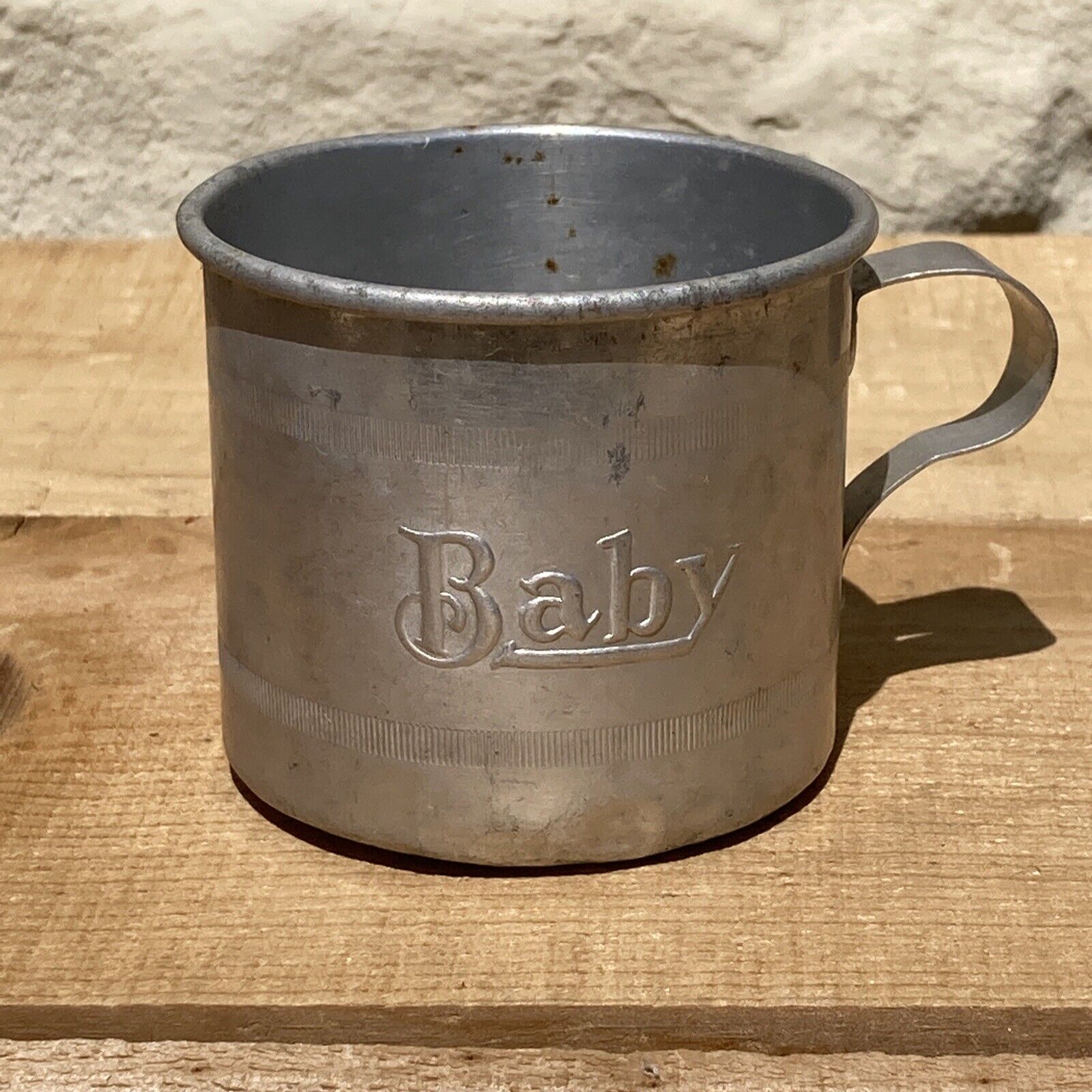 Vintage Aluminum Embossed Baby Cup Mug Handle Nursery Early-Mid 20thC. 2 1/4\