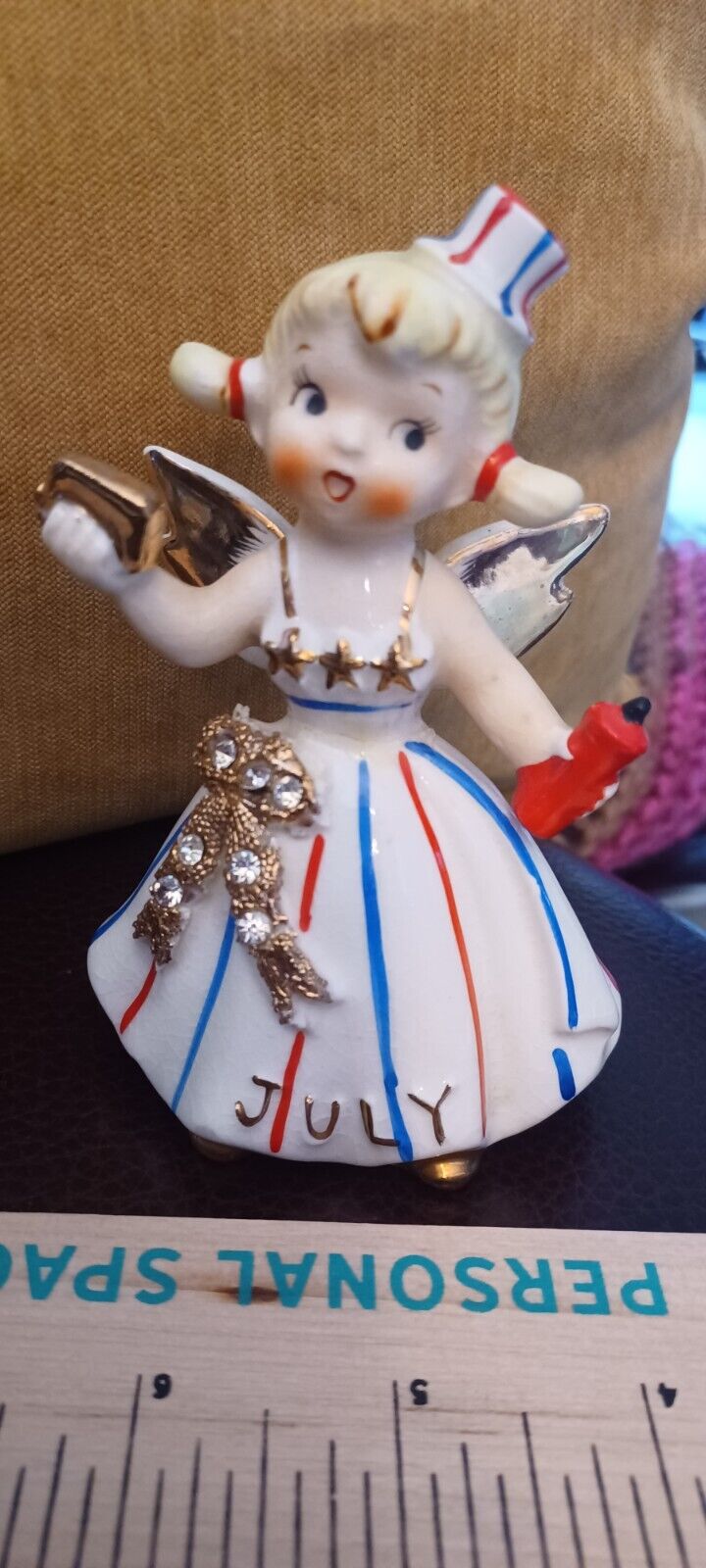 RARE 1957 LEFTON JULY BIRTHDAY ANGEL With RED, WHITE, & BLUE, & FIRECRACKER