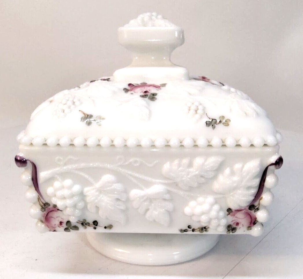 Westmoreland Grape Milk Glass Roses Bows Footed Candy Dish Compote Storage w Lid