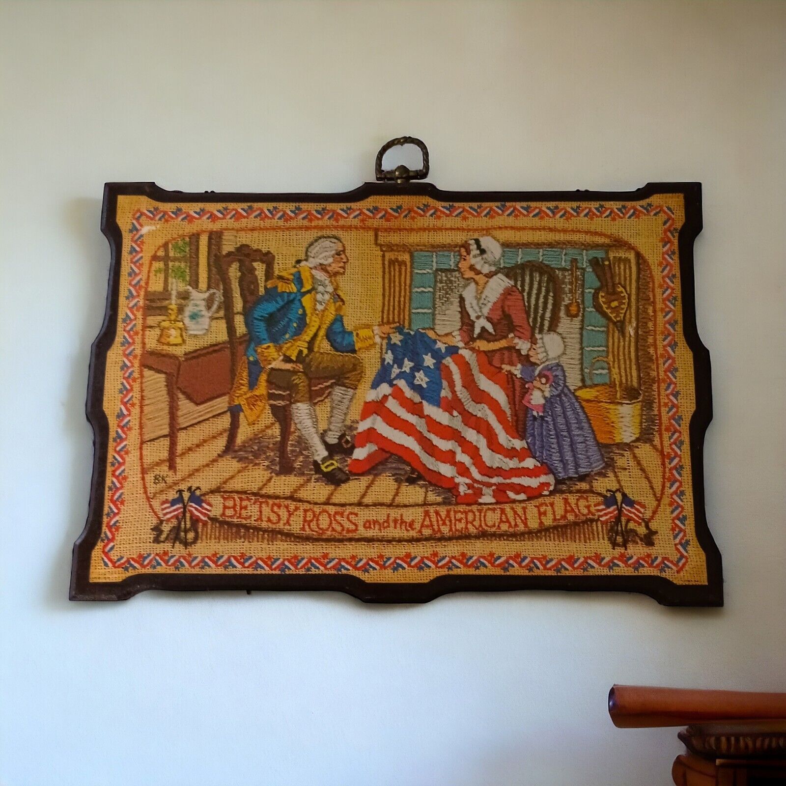 Vintage Betsy Ross Wood Wall Decor Colonial Revolutionary War Large Sewing Flag