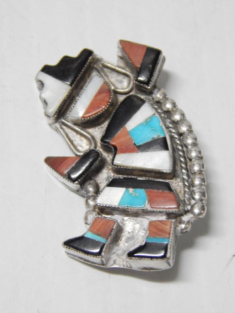 VINTAGE ZUNI INDIAN STERLING SILVER w/STONE INLAY -  RAINBOW DANCER PIN  A+GIFT
