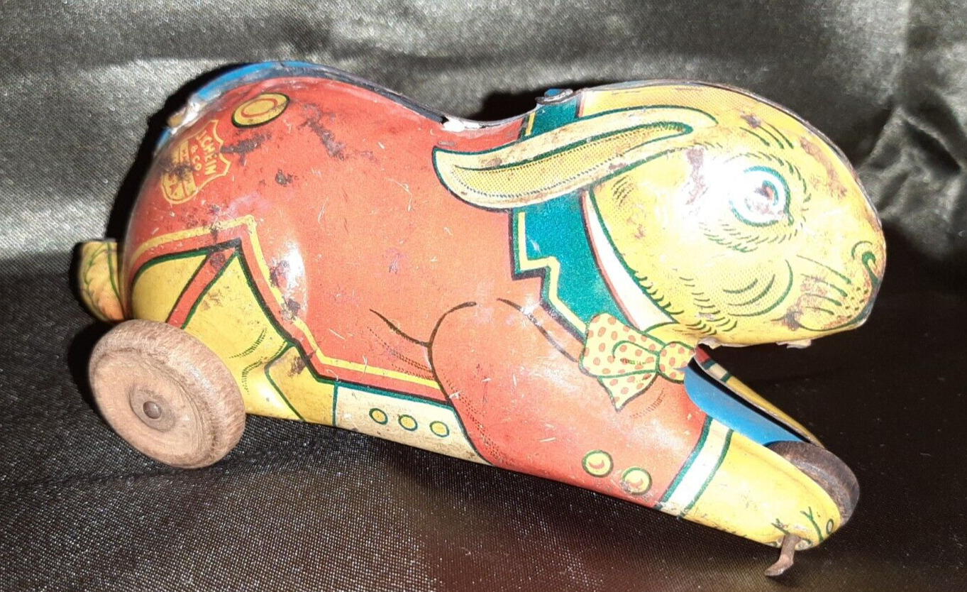 Vintage J Chein Tin Rolling Easter Bunny Rabbit Toy - Used