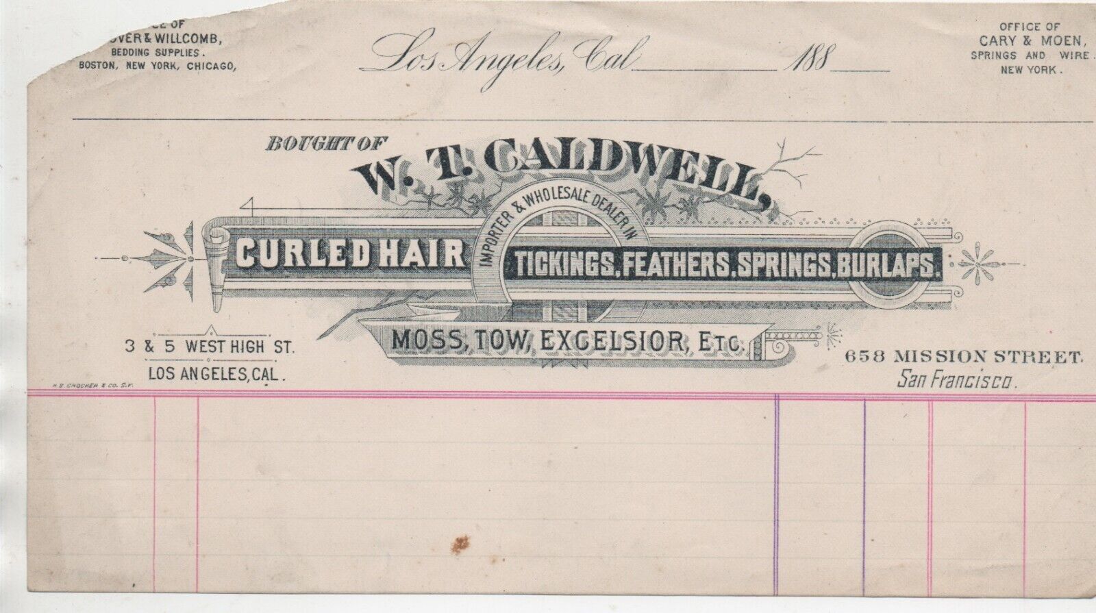 1880s graphic Billhead W.T. Caldwell Curled Hair , Feathers, etc Los Angeles CA