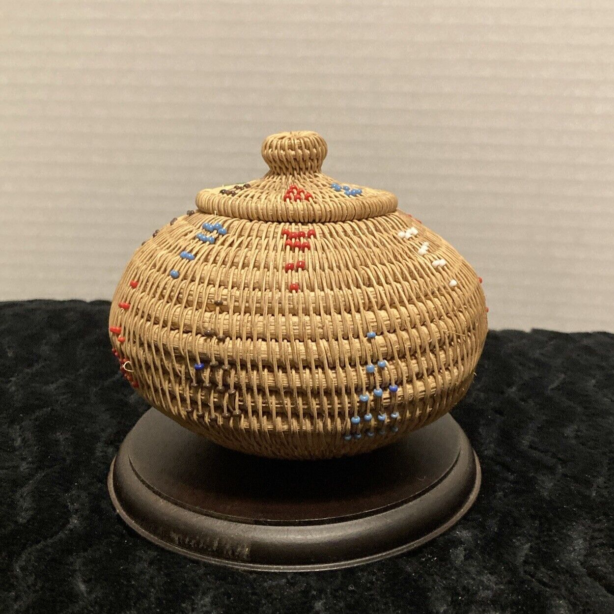 Vintage Coiled Beaded Round Lidded Basket With Seed Beads/Indomesia