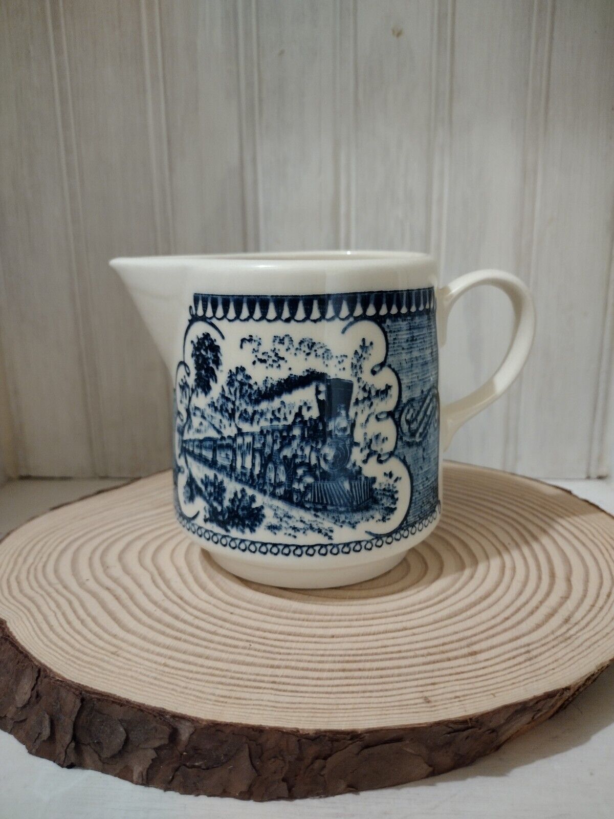 Vintage Currier and Ives Blue & White Tall Creamer Express Train RARE