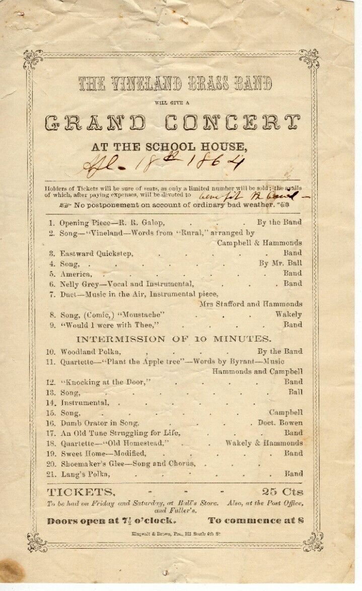 RARE 1864 The Vineland Brass Band Grand Concert Program Vineland, New Jersey