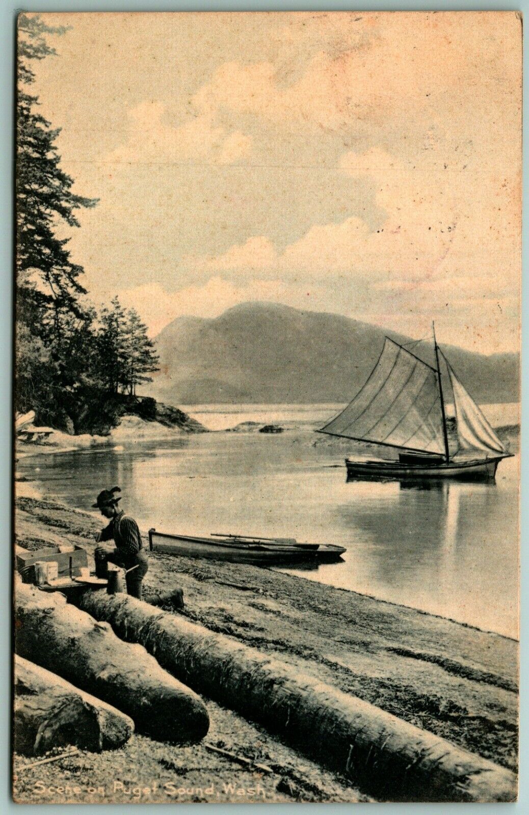Beach Scene Sailboat and Canoe Puget Sound Washington WA 1908 DB Postcard C15
