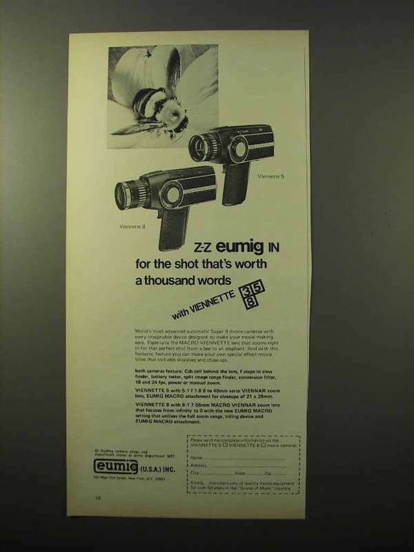 1970 Eumig Viennette 5 and Viennette 8 Movie Cameras Ad