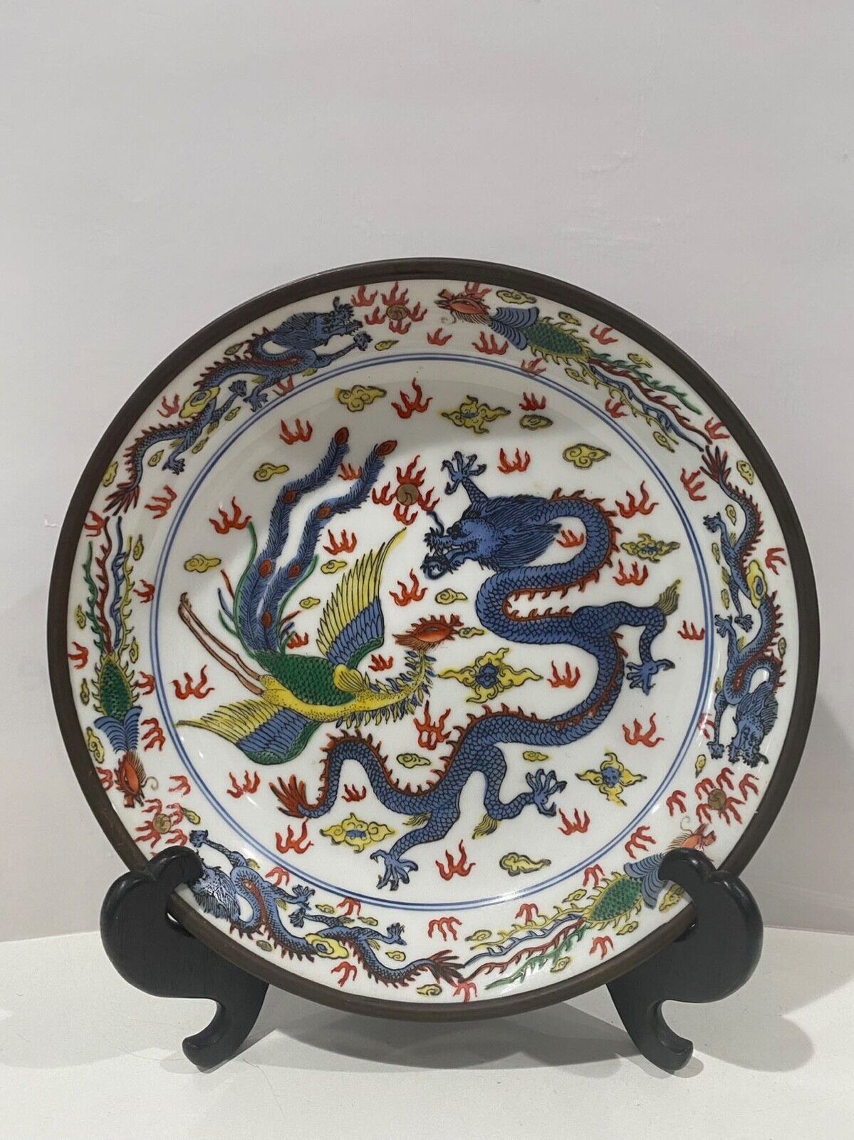 Vintage Hh Japan Hong King Hand Painted Porcelain and Brass Dragon Ashtray Plate