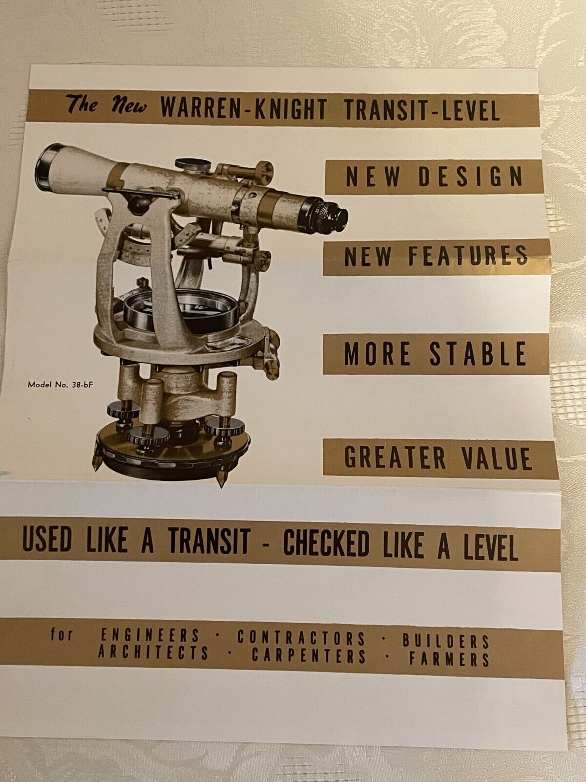 Vintage Warren-Knight Transit Level Model No. 38-bF Brochure & Price List