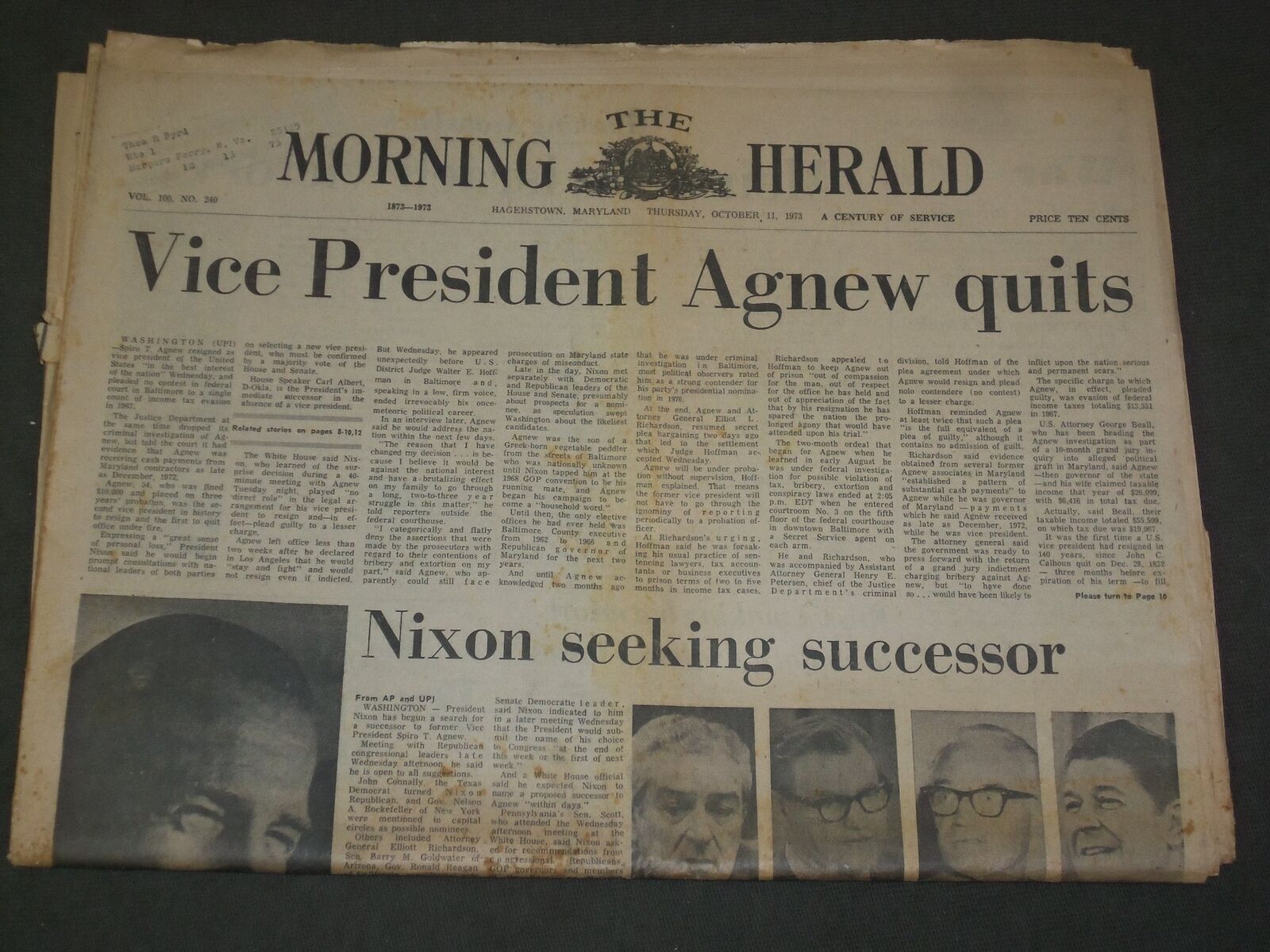 1973 OCTOBER 11 THE MORNING HERALD NEWSPAPER - SPIRO AGNEW QUITS - NP 3298