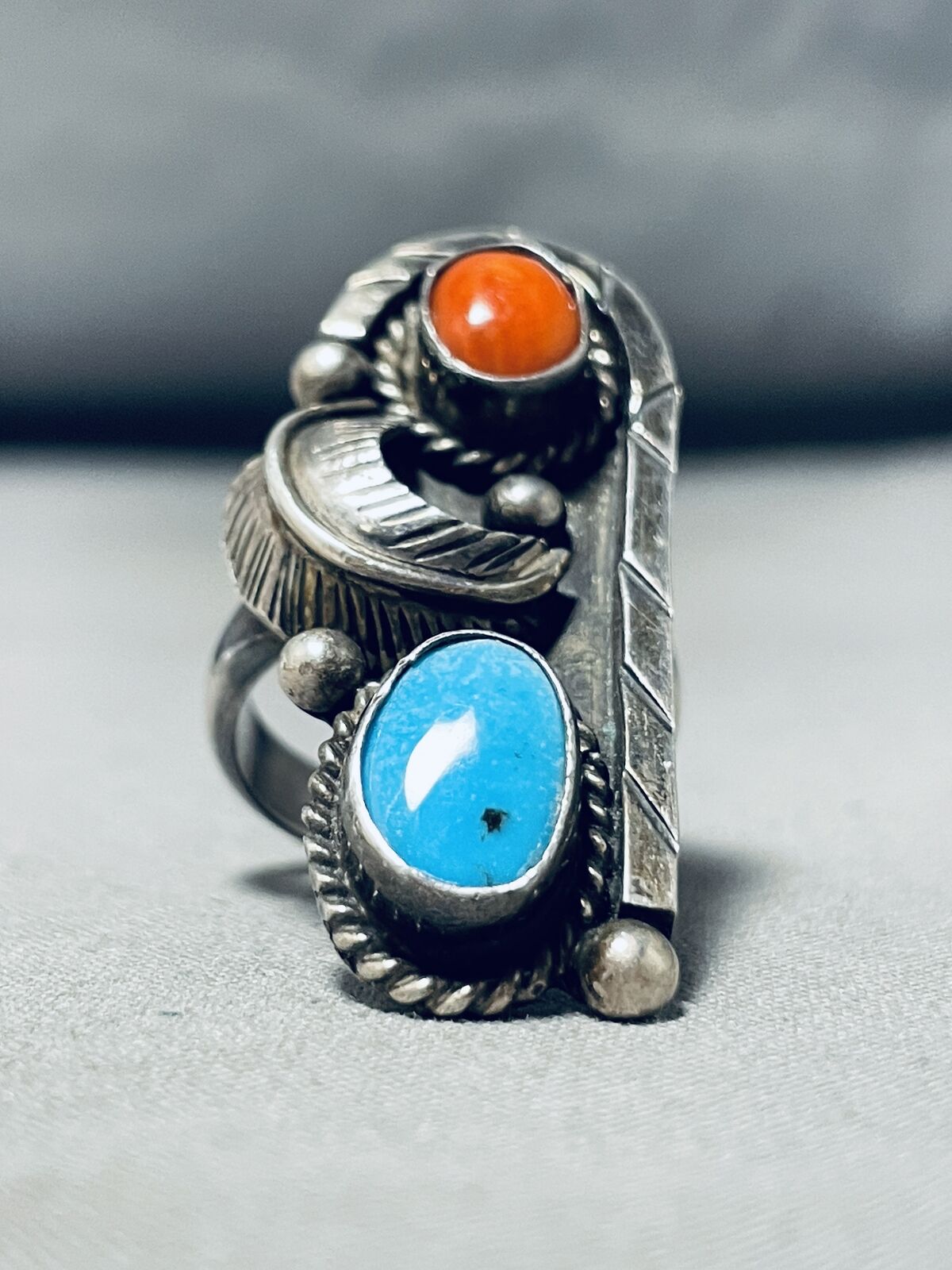 MASSIVE VINTAGE SIGNED NAVAJO KINGMAN TURQUOISE CORAL SILVER  RING