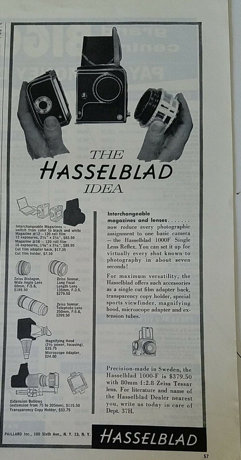 1957 Hasselblad 1000-F camera idea interchangeable magazines lenses ad