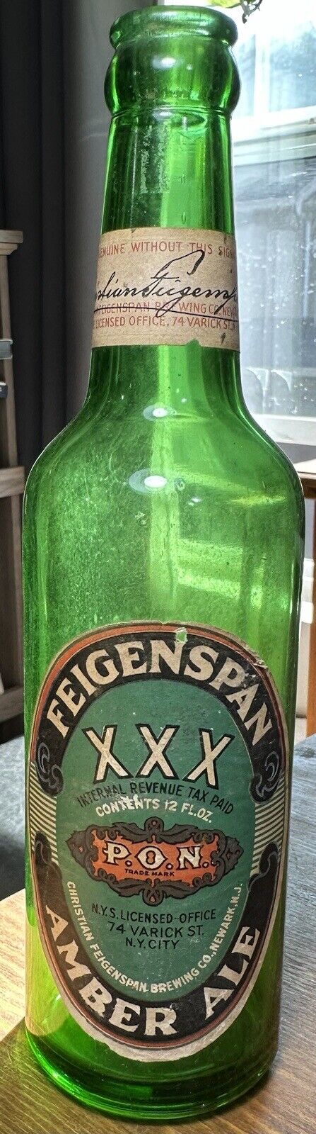 1930s Feigenspan Amber Ale Beer Bottle P.O.N. Newark  New Jersey 12oz IRTP Green