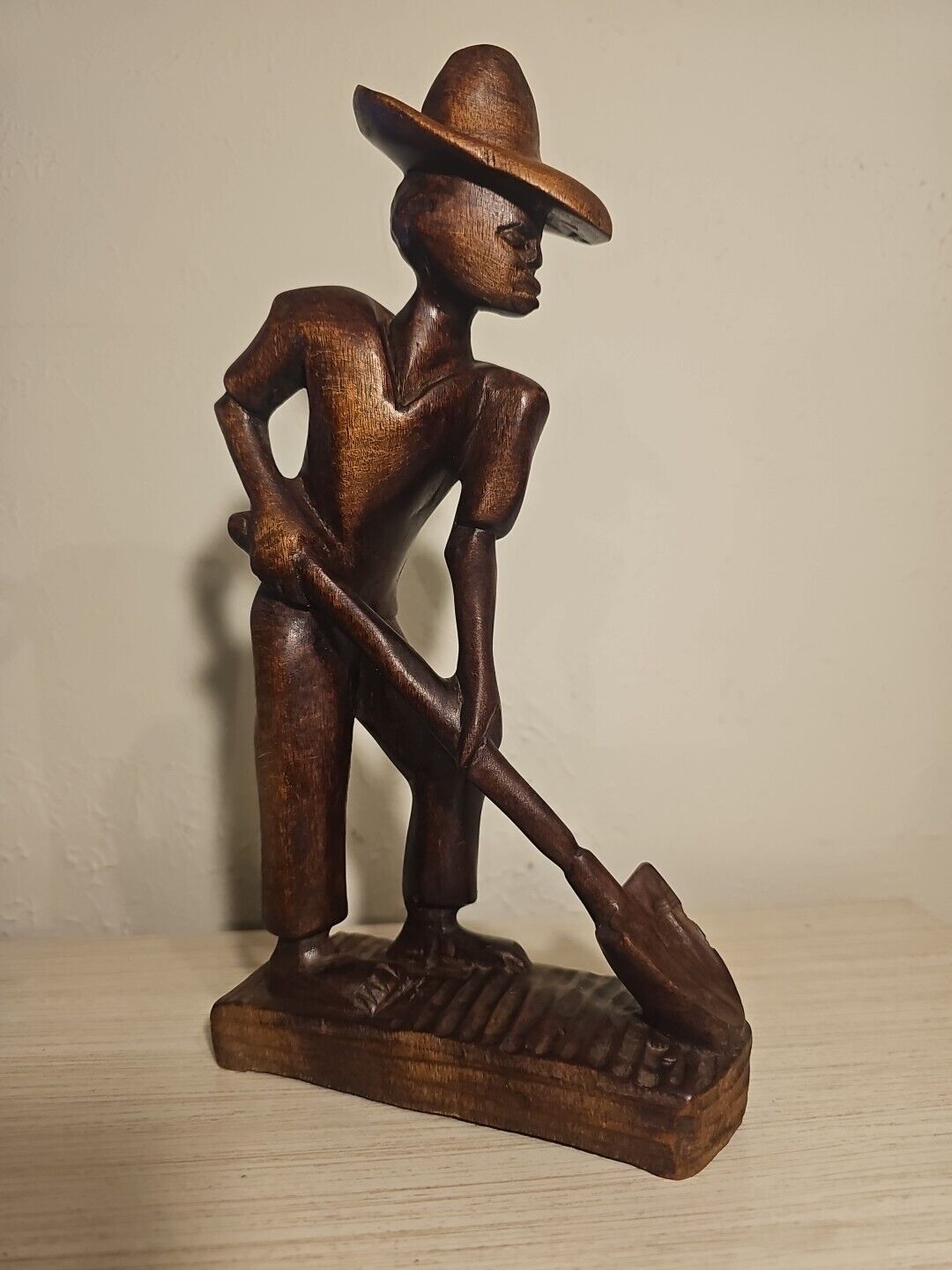 Vintage Hand Carved Wooden Figure Old Working Man With Shovel 