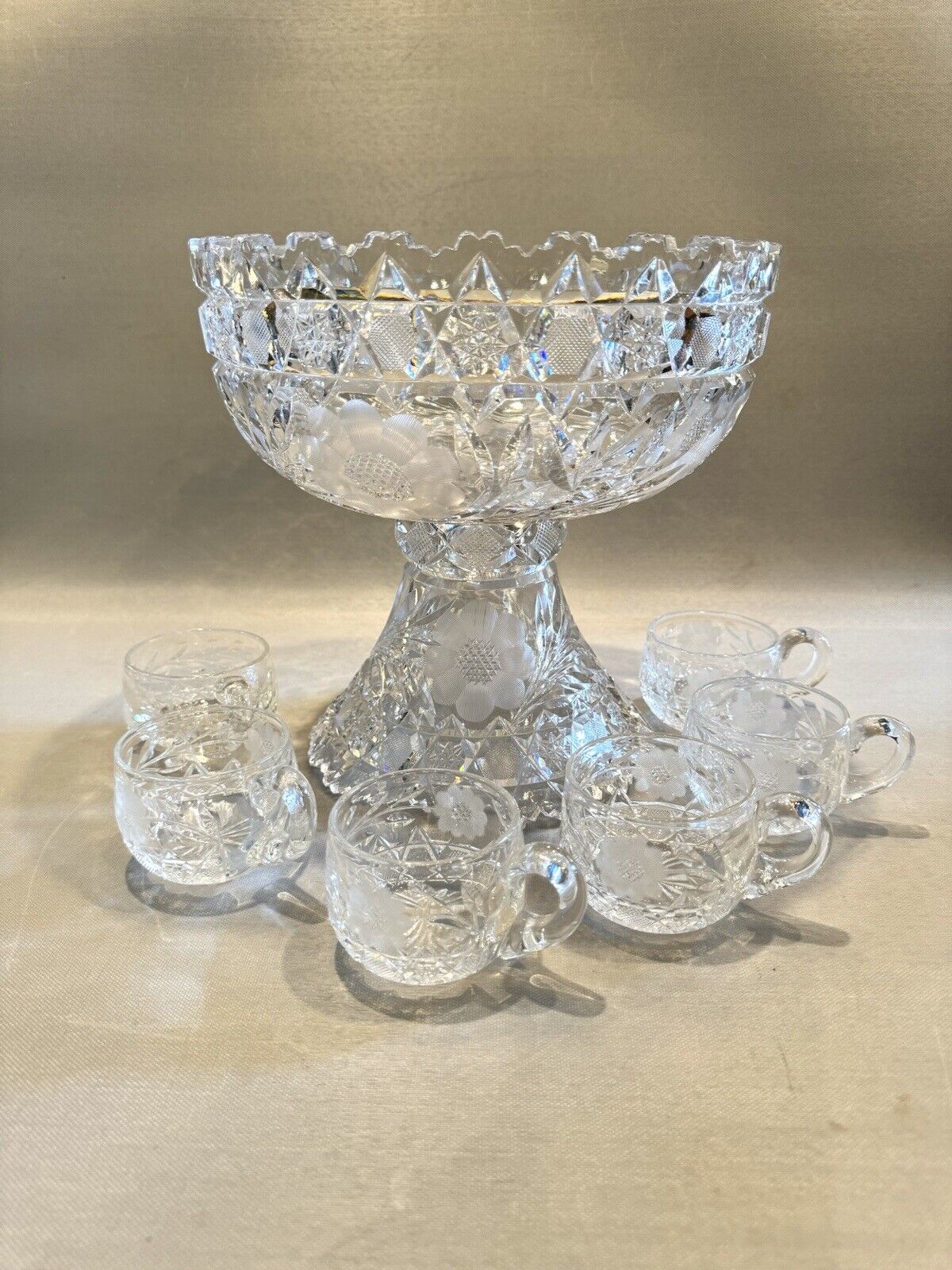 Antique American Brilliant Period ABP Pedestal Cut Glass Punch Bowl & Six Cups