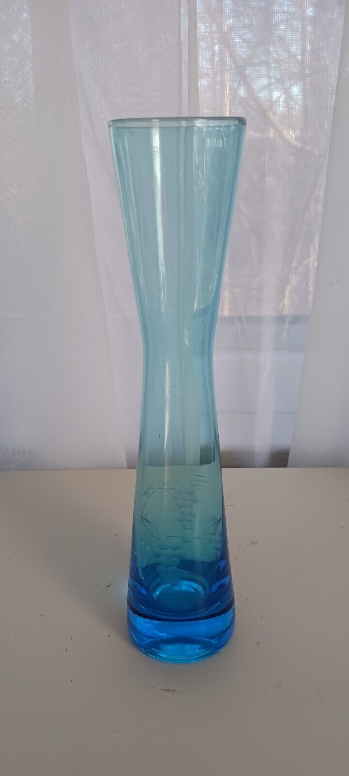 Vintage Hand Blown Etched Art Blue Glass Vase MCM