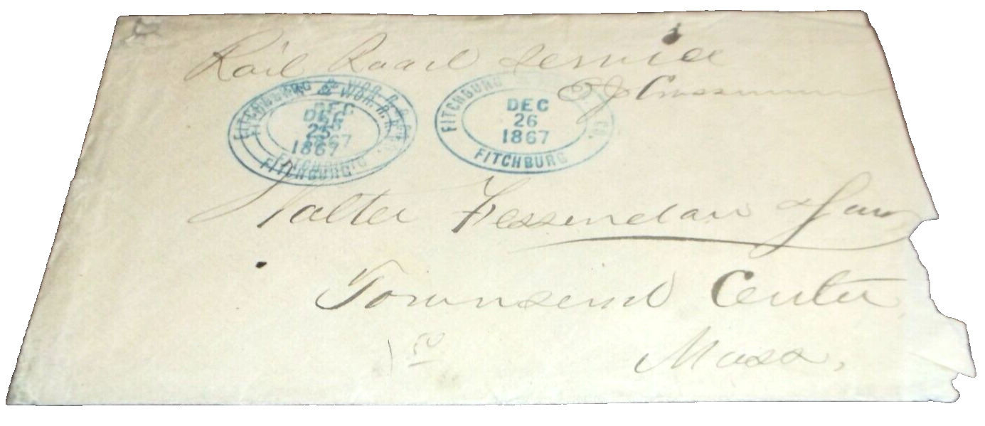 DECEMBER 1867 FITCHBURG & WORCESTER RAILROAD SERVICE ENVELOPE