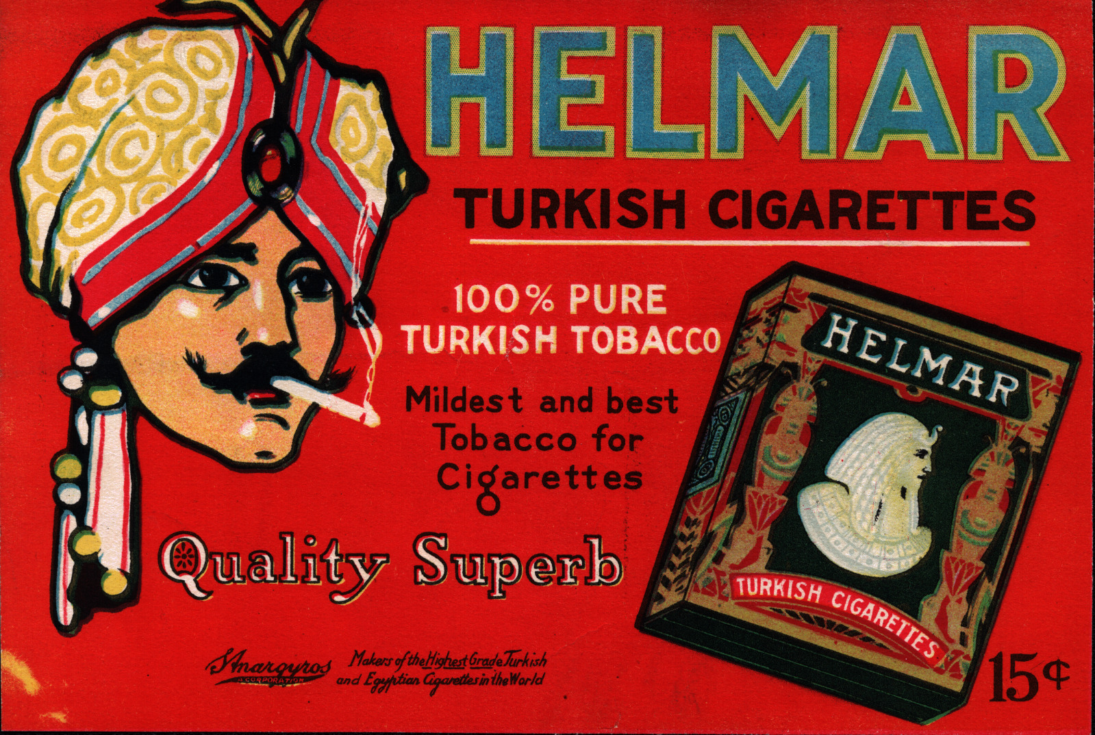 RARE 1919 HELMAR TURKISH CIGARETTE Print Ad Egyptian Revival Man w Head Scarf