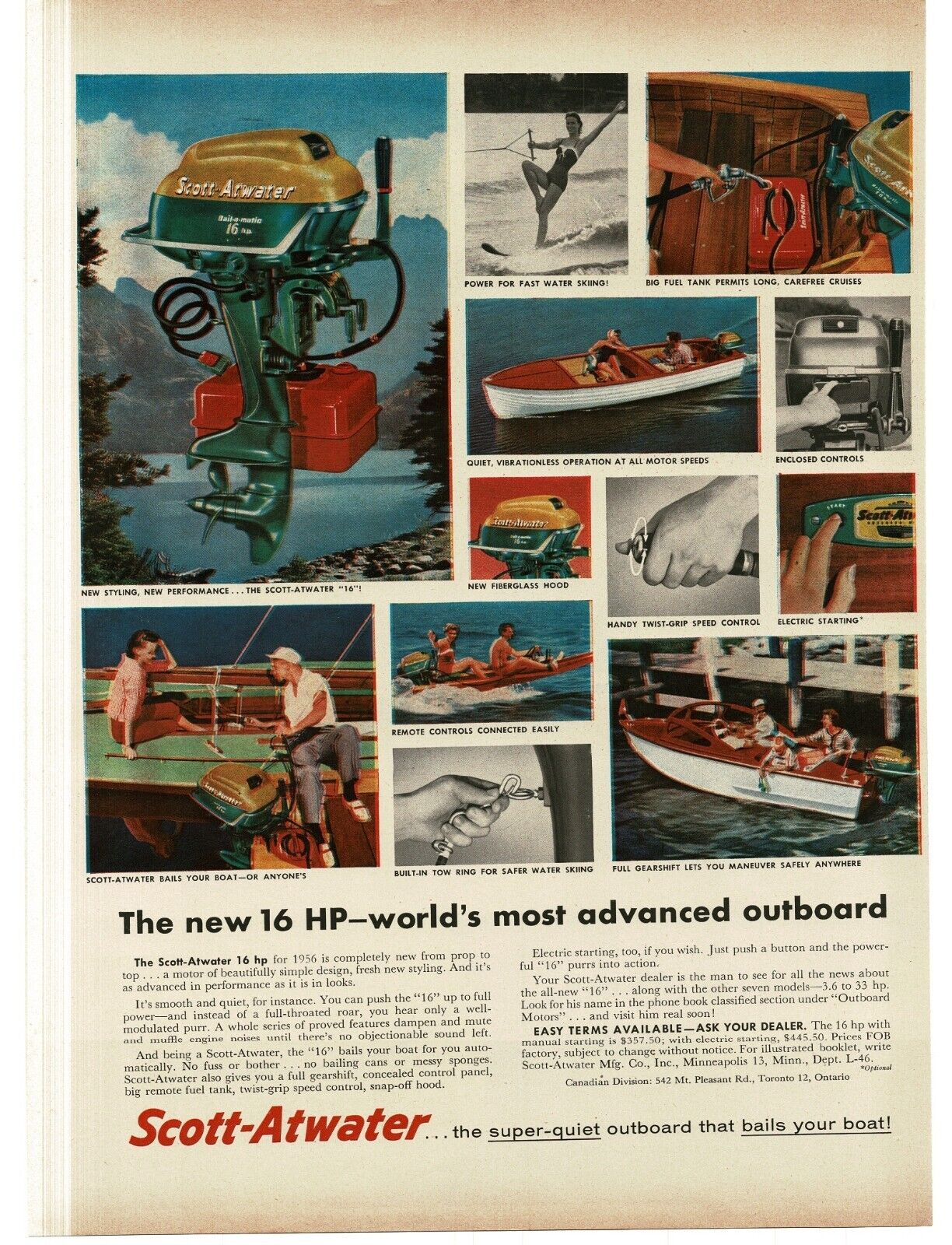 1956 Scott-Atwater 16 HP Outboard Boat Motor Vintage Print Ad