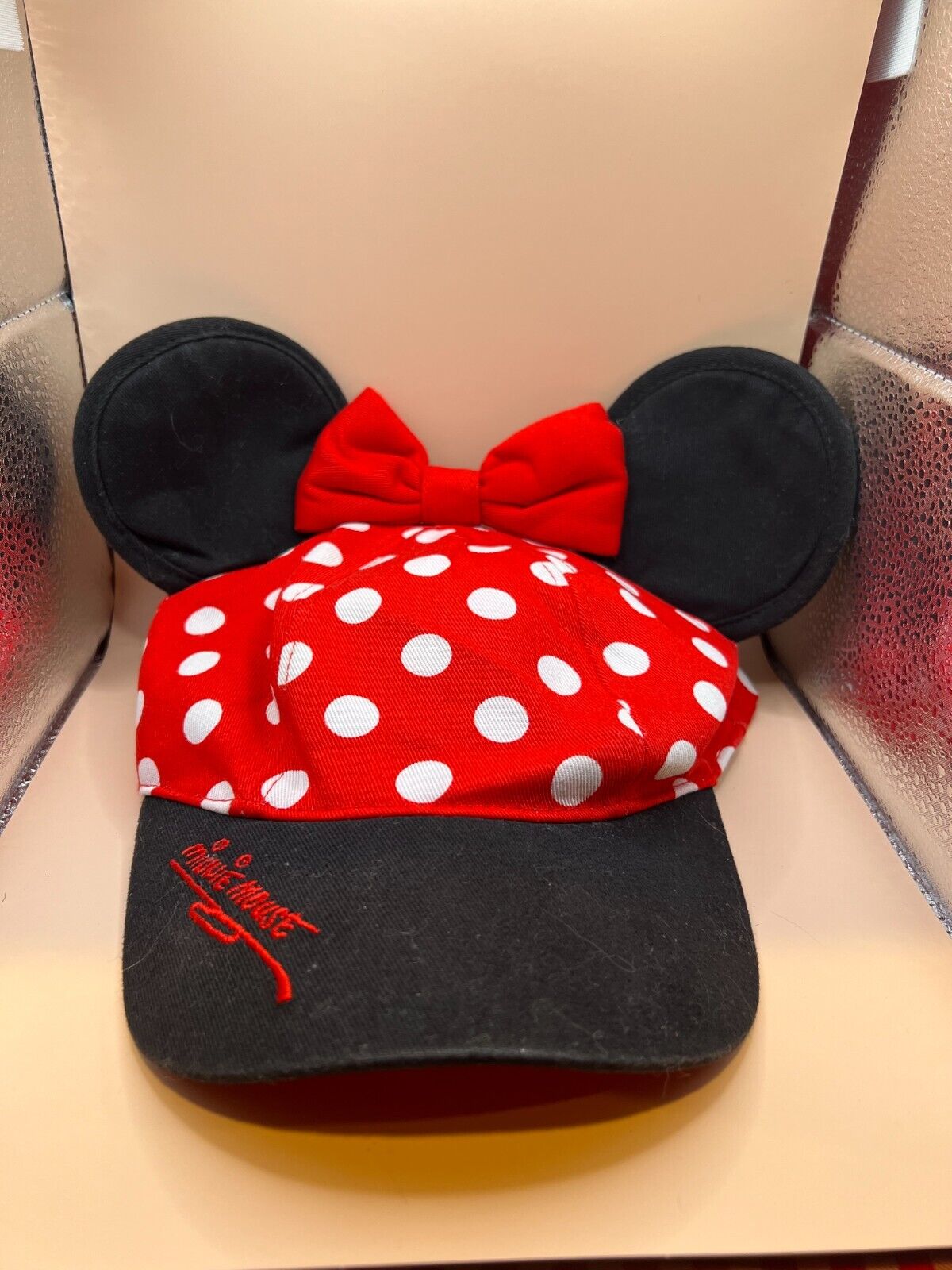 Disney Minnie Mouse Baseball Hat Cap With Ears Youth Polka Dots Red EUC  FCL
