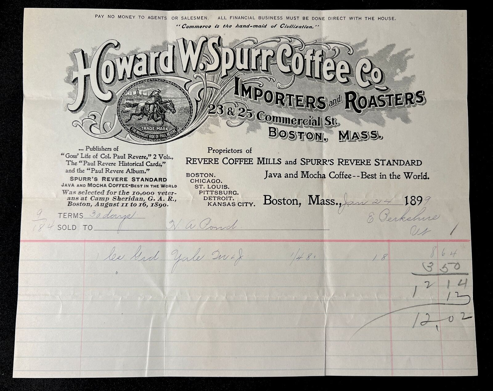 antique 1899 HOWARD W SPURR COFFEE CO Roasters Invoice Receipt Bill Head