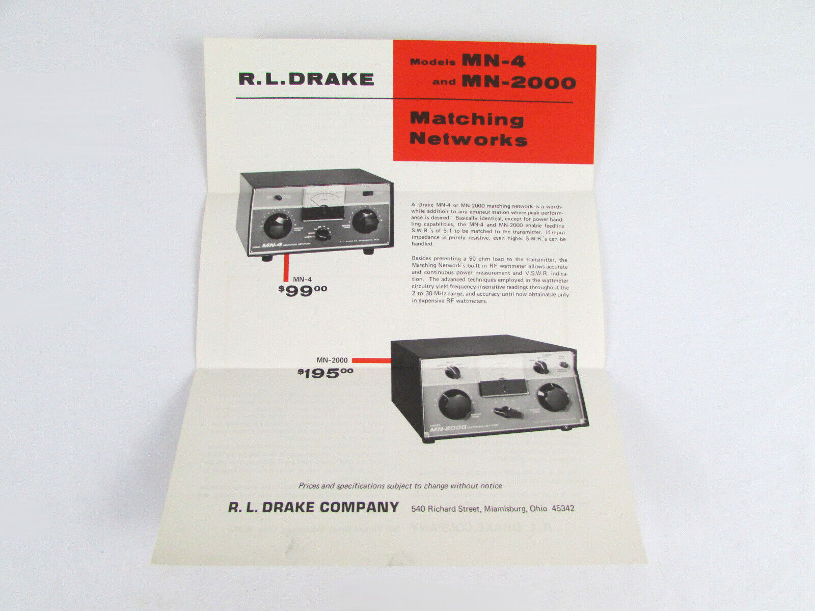 R.L. Drake Company MN-4 & MN-2000 Receiver Equipment Matching Networks Brochure