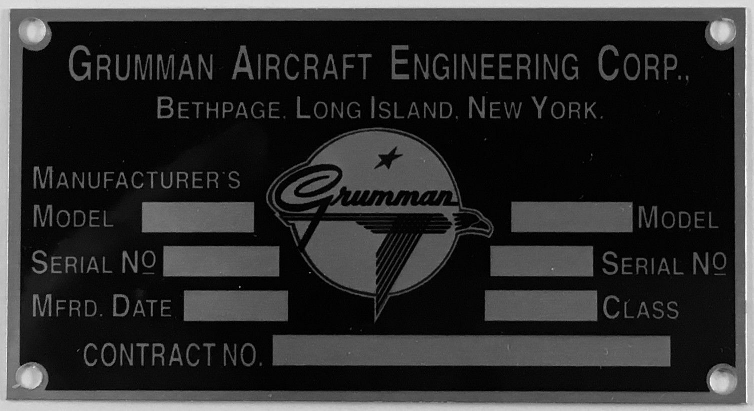 Repro Grumman Aircraft Data Plate, 1943-1978, Vintage WWII Aviation  DPL-0115