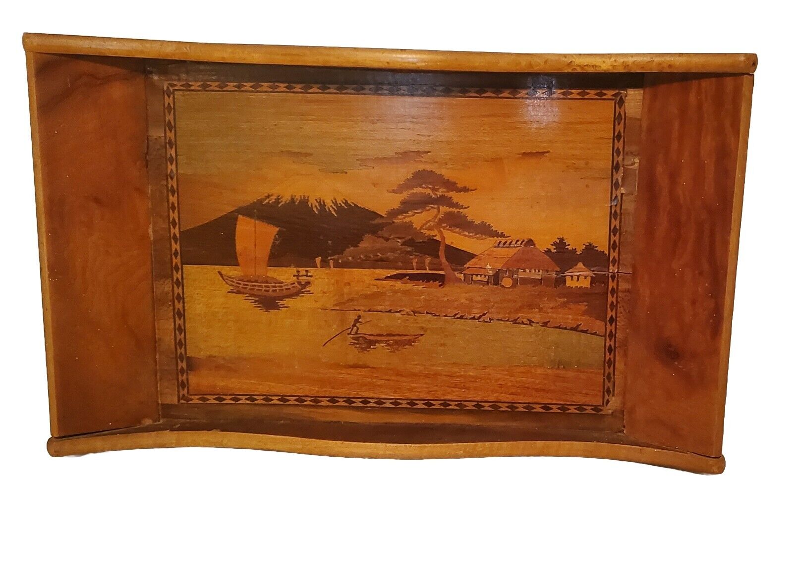 Antique Solid Wooden Serving tray w/ Marquetry VTG french Carved Art Deco Lake 