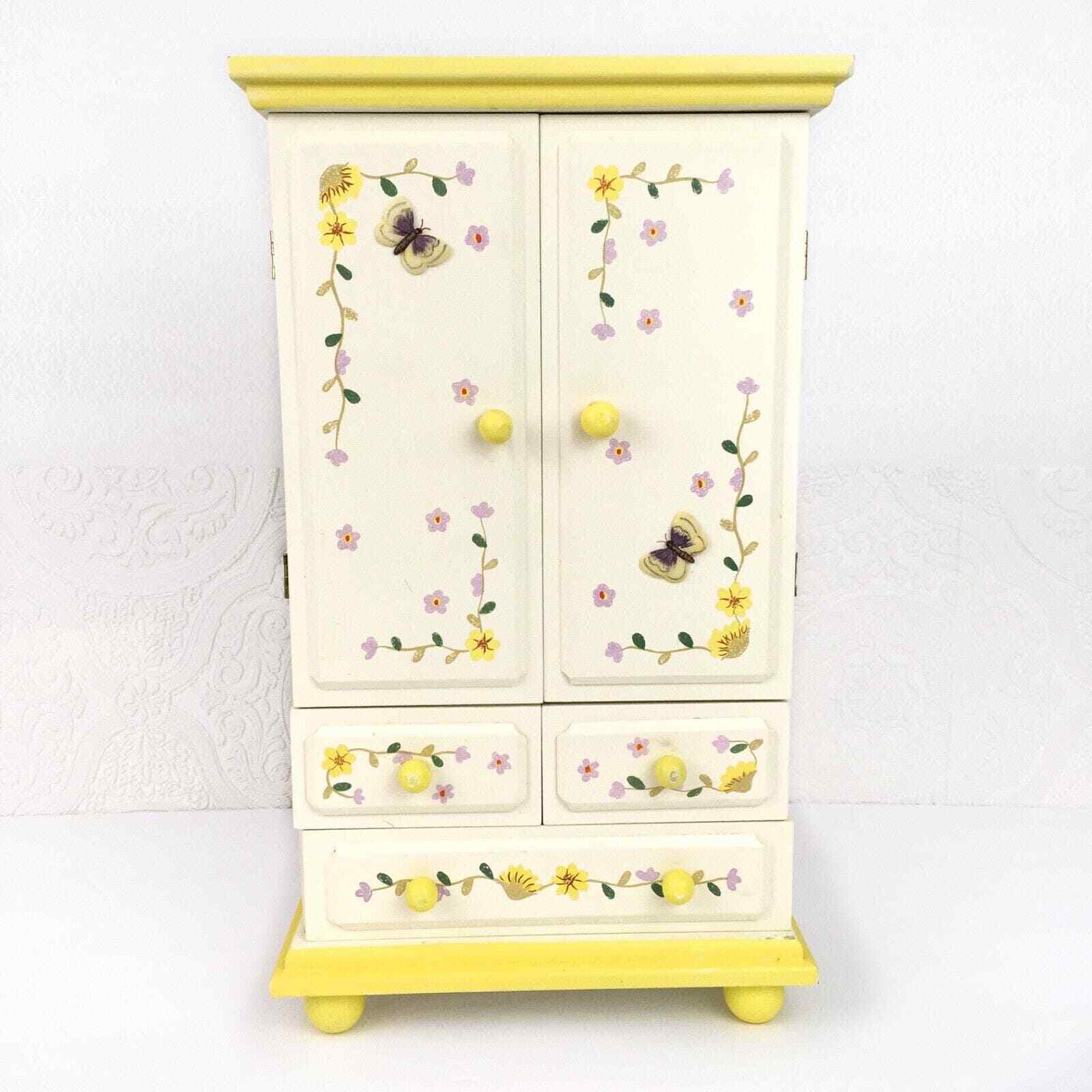 miniature hand painted wooden armoire wardrobe butterfly floral design OPENS