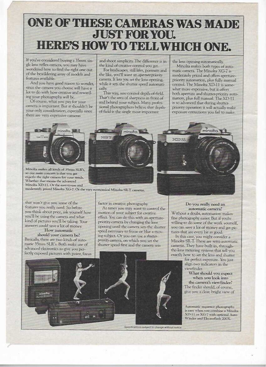 1979 Minolta Camera Old Vintage Print Ad XD-11 XG-7 SR-T Autowinder Electroflash