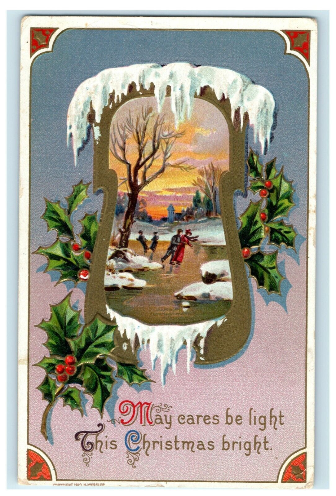Vintage 1910\'s Christmas Skating Holly Fat On Pancakes Embossed Antique Postcard