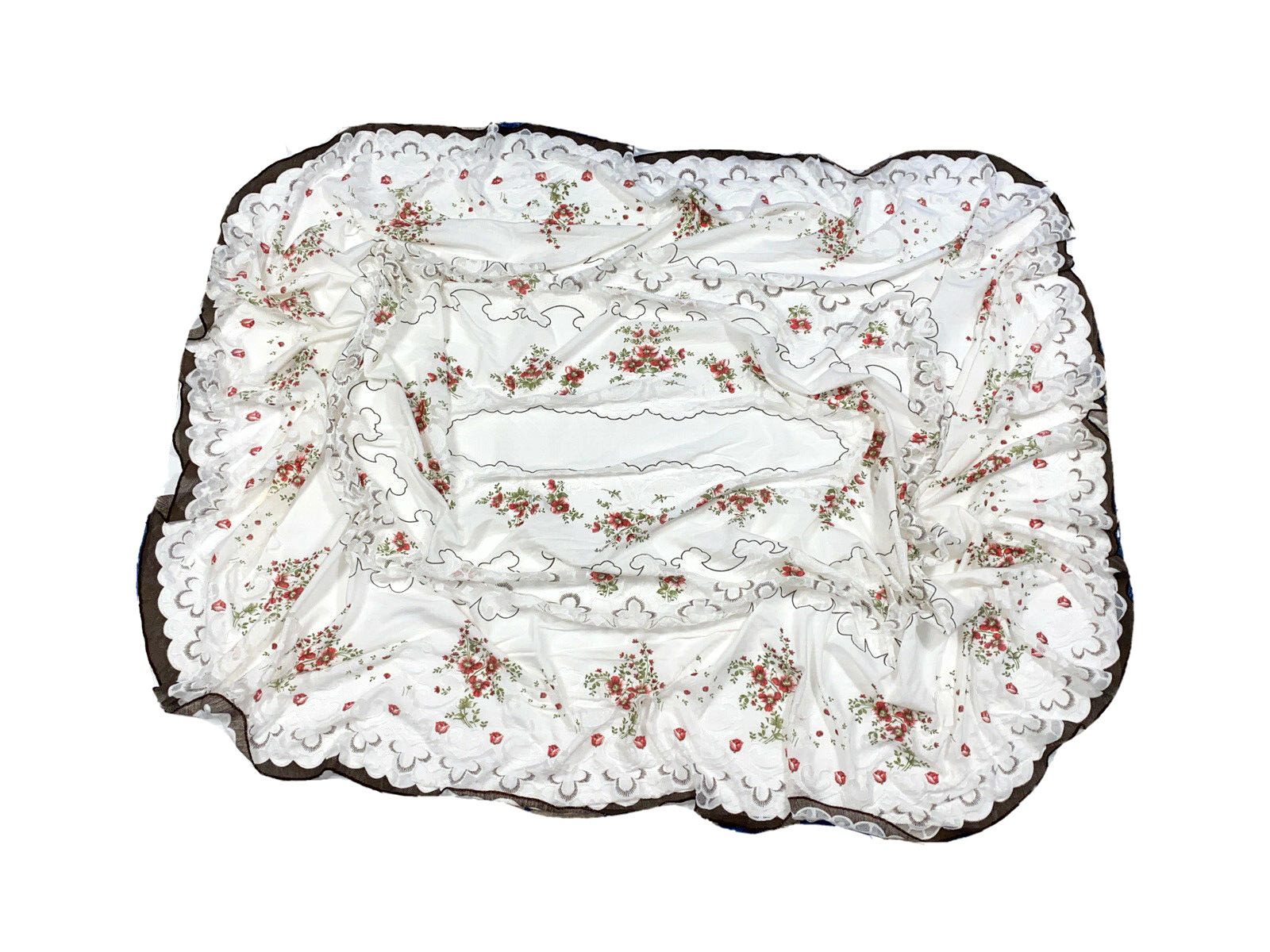 Vintage Tablecloth Delicate Lace Oval White Red Floral Sheer Large Doily 53 x 78