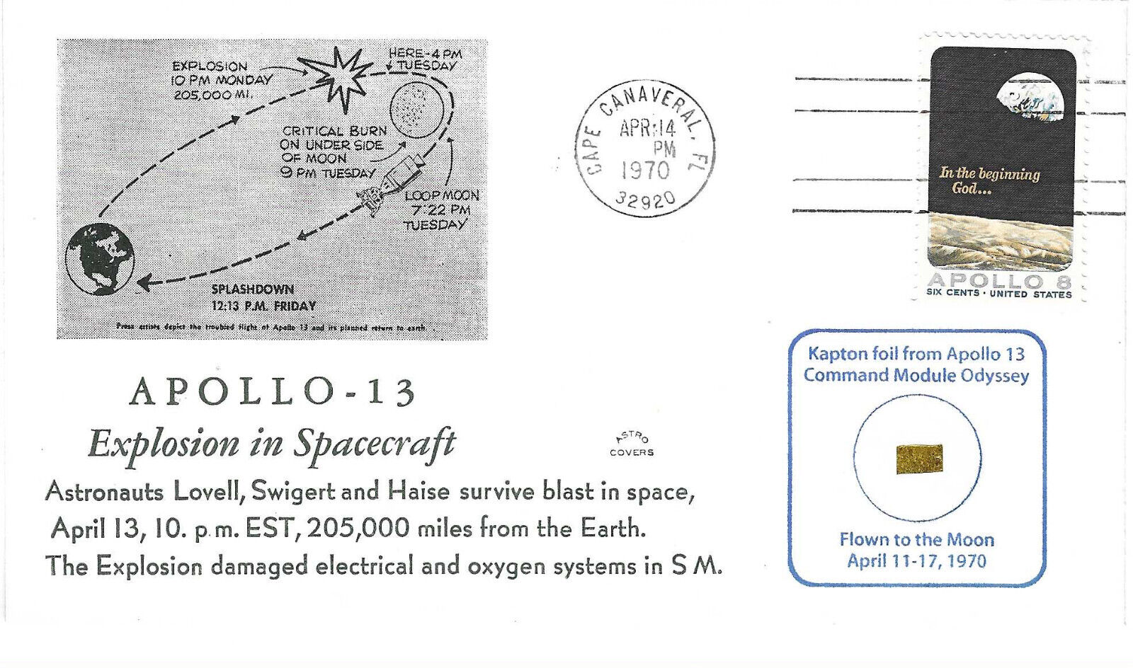 Apollo 13 Cacheted Explosion Envelope w/ Kapton Foil Flown Around the Moon - COA