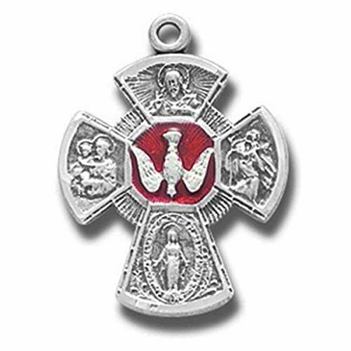 Religious Gifts Sterling Silver Red Enameled 4-Way Cross Medal Pendant, 15/16 In