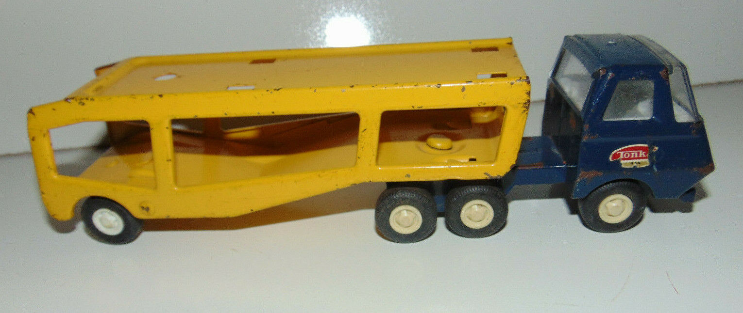 70\'s Tonka Car Pressed Steel Carrier, BLUE Cab Yellow Carrier 9.5\