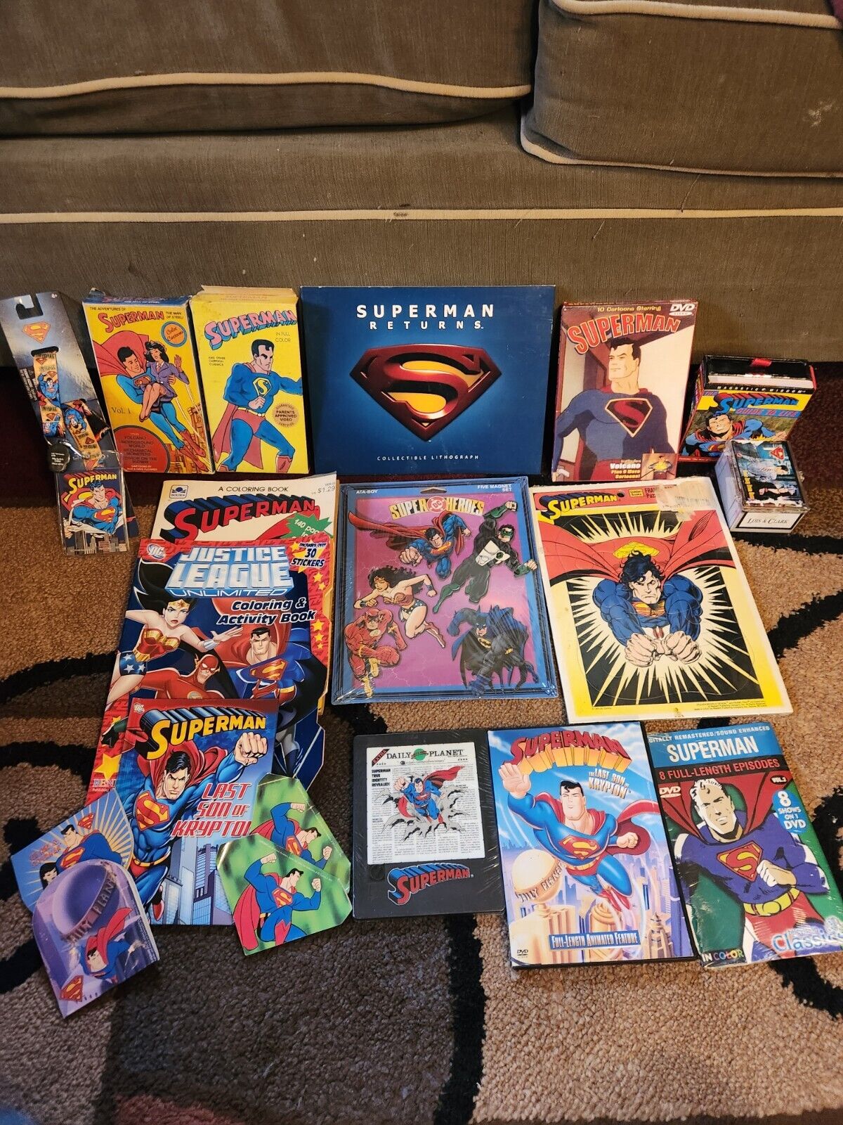 Massive LOT OF Vintage SUPERMAN Collectibles Coloring Books DVDs Puzzles Rare