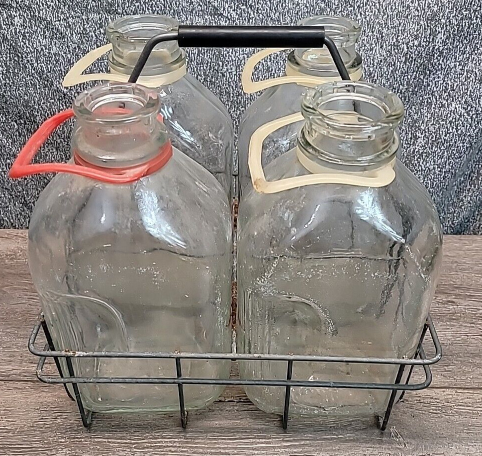 Unbranded Antique Old Milk Jug Wired Holder Carrying Tote w/ 3 1/2 Gallon Glass