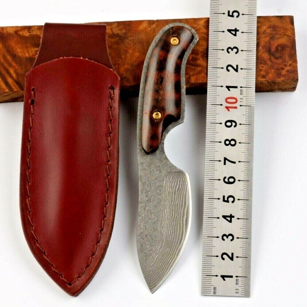 Premium Mini Drop Point Knife Hunting Tactical Combat Damascus Steel Wood Handle