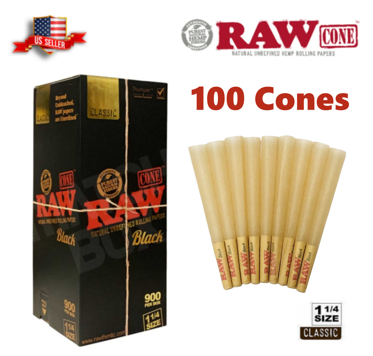 Authentic RAW Black 1 1/4 Size Pre-Rolled Cone 100 Pack & Fast Shipping US