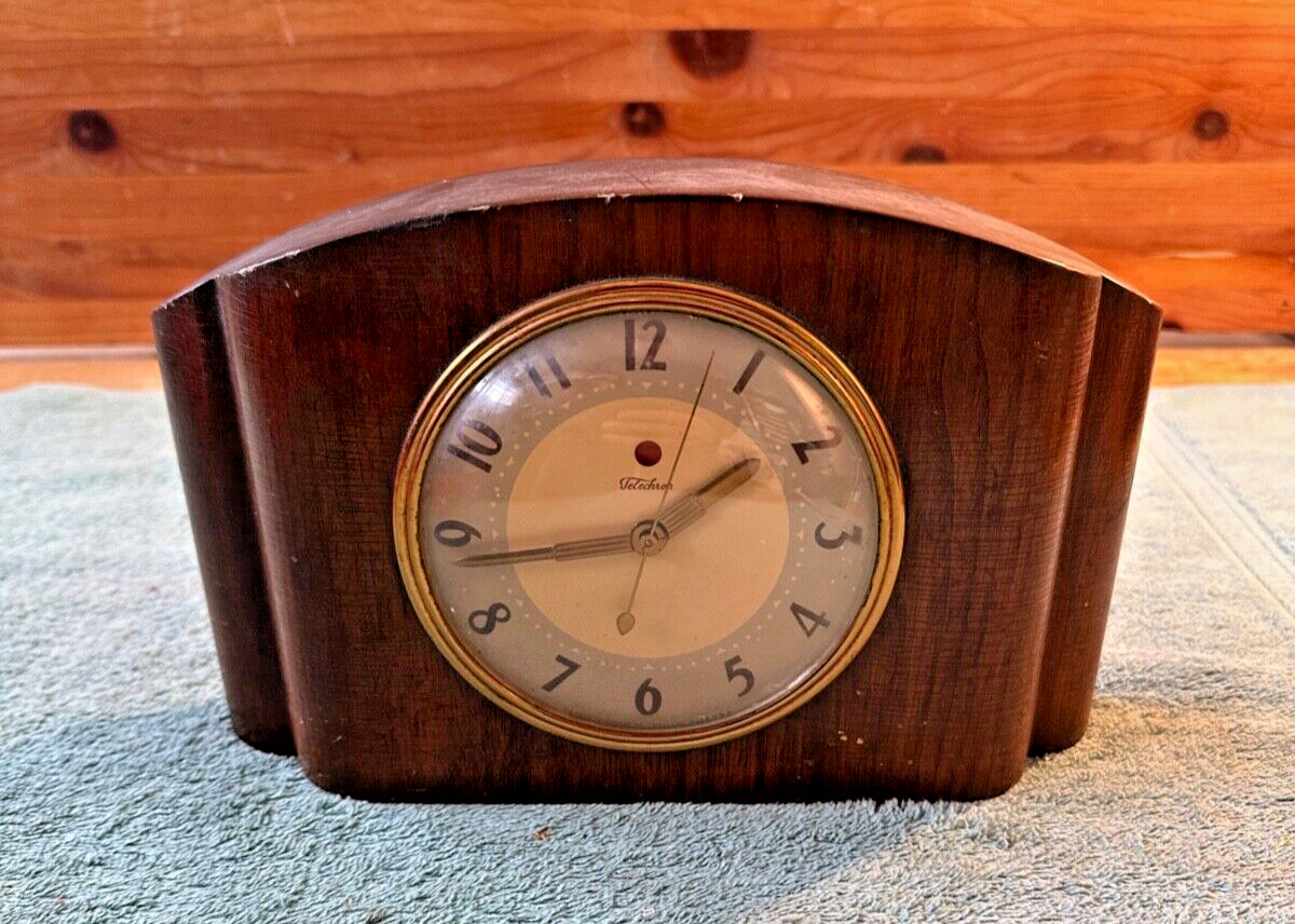 Warren Telechron Electric Mantle Clock Brown Wood Art Deco Model 4H87 Vintage