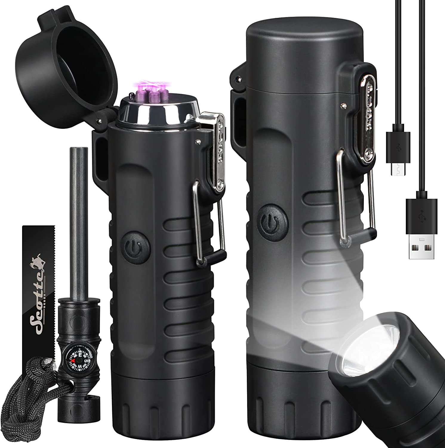 Plasma Windproof Arc Lighter Electric Lighter and LED Flashlight - 2 in 1 (Black