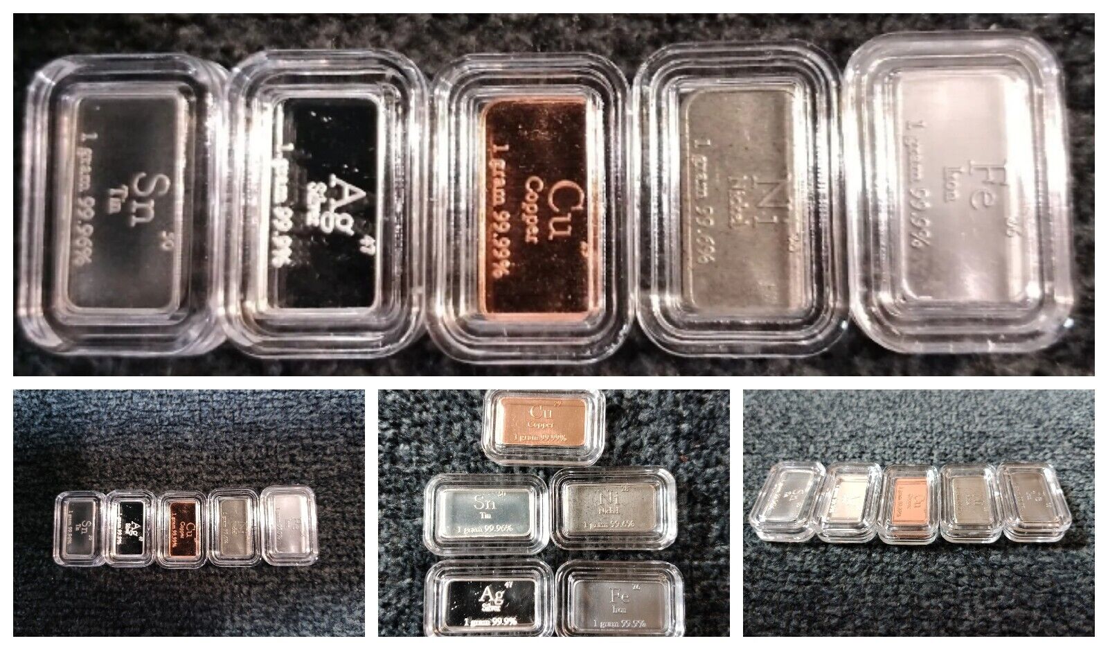 50x 1 gram Element Bullion Set. Silver, Copper, Iron, Nickel, Tin. In Capsules.
