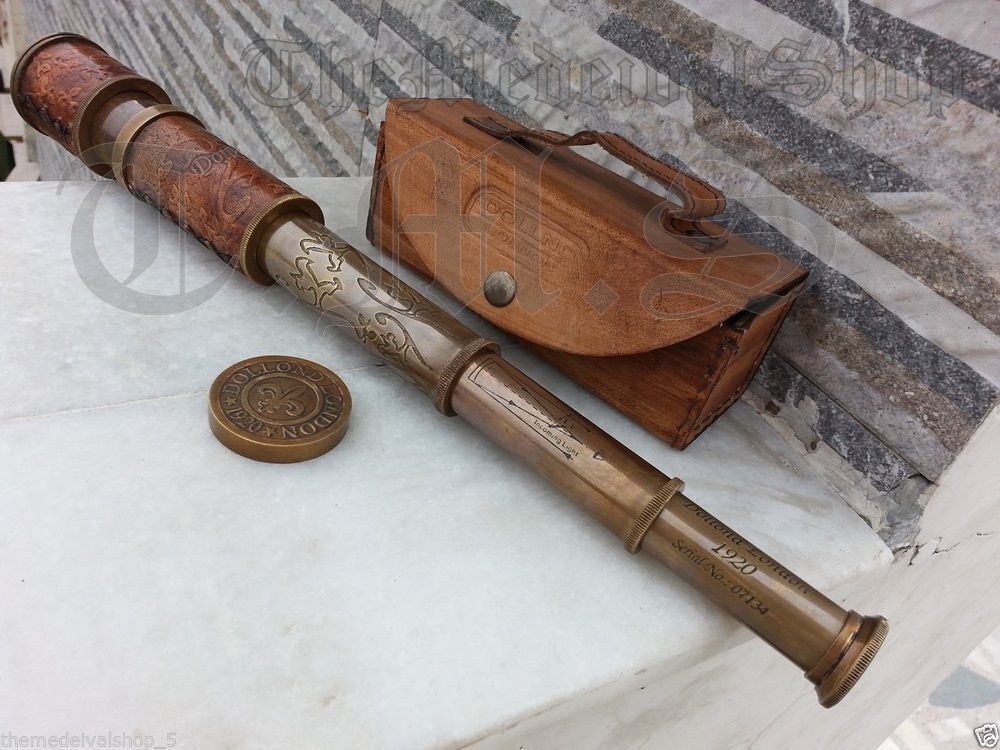 Brass Telescope Antique Spyglass Leather Engraving Scope Pirate Vintage Style