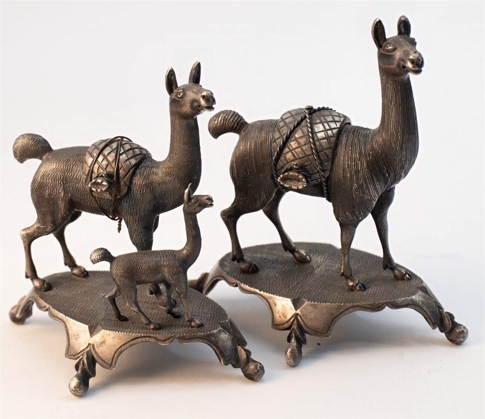 Antique Peruvian LLamas Sterling Silver Desk Models Miniature Statues Figures