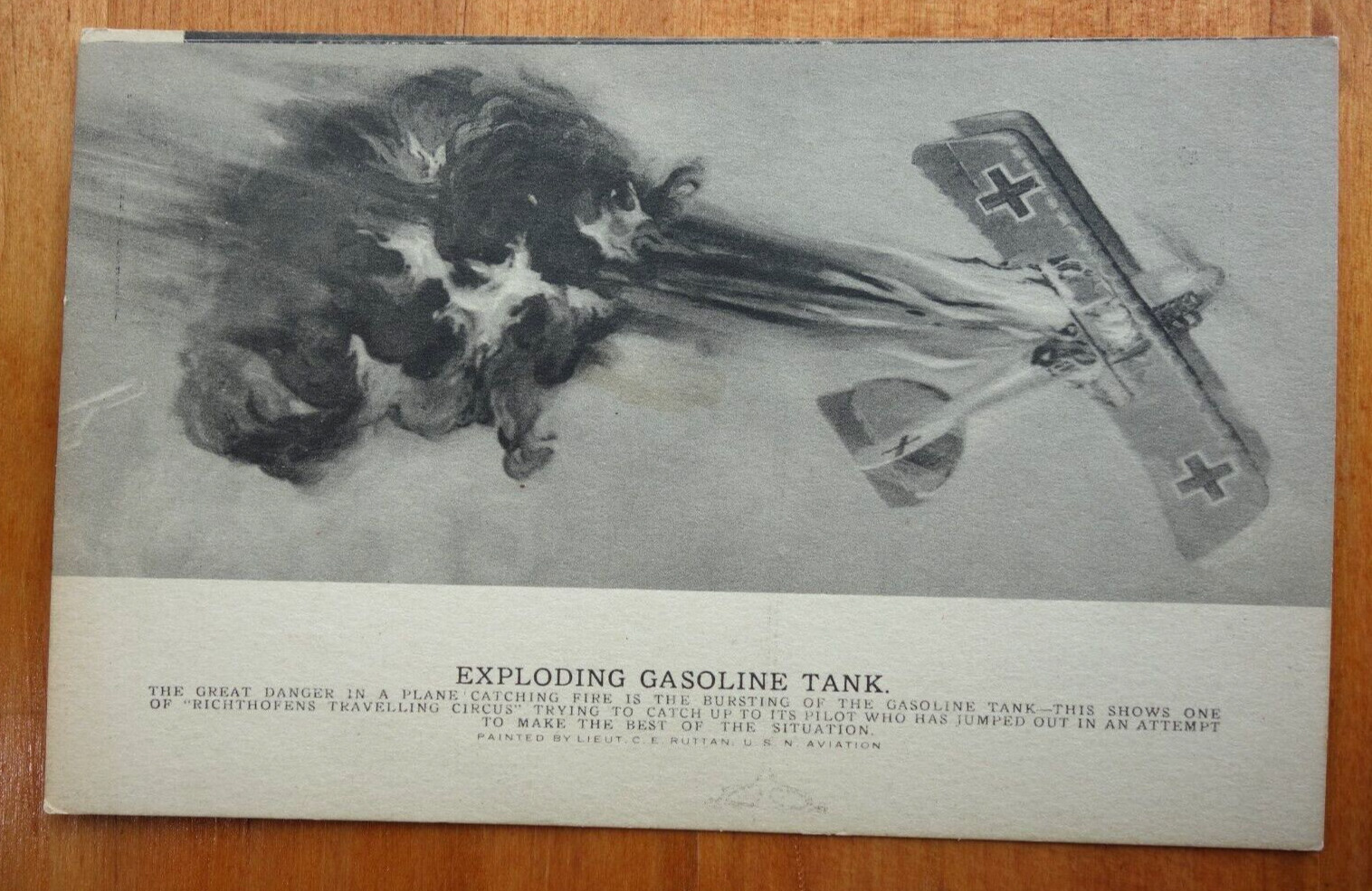 WW1 aviation exploding gasoline tank on German plane postcard