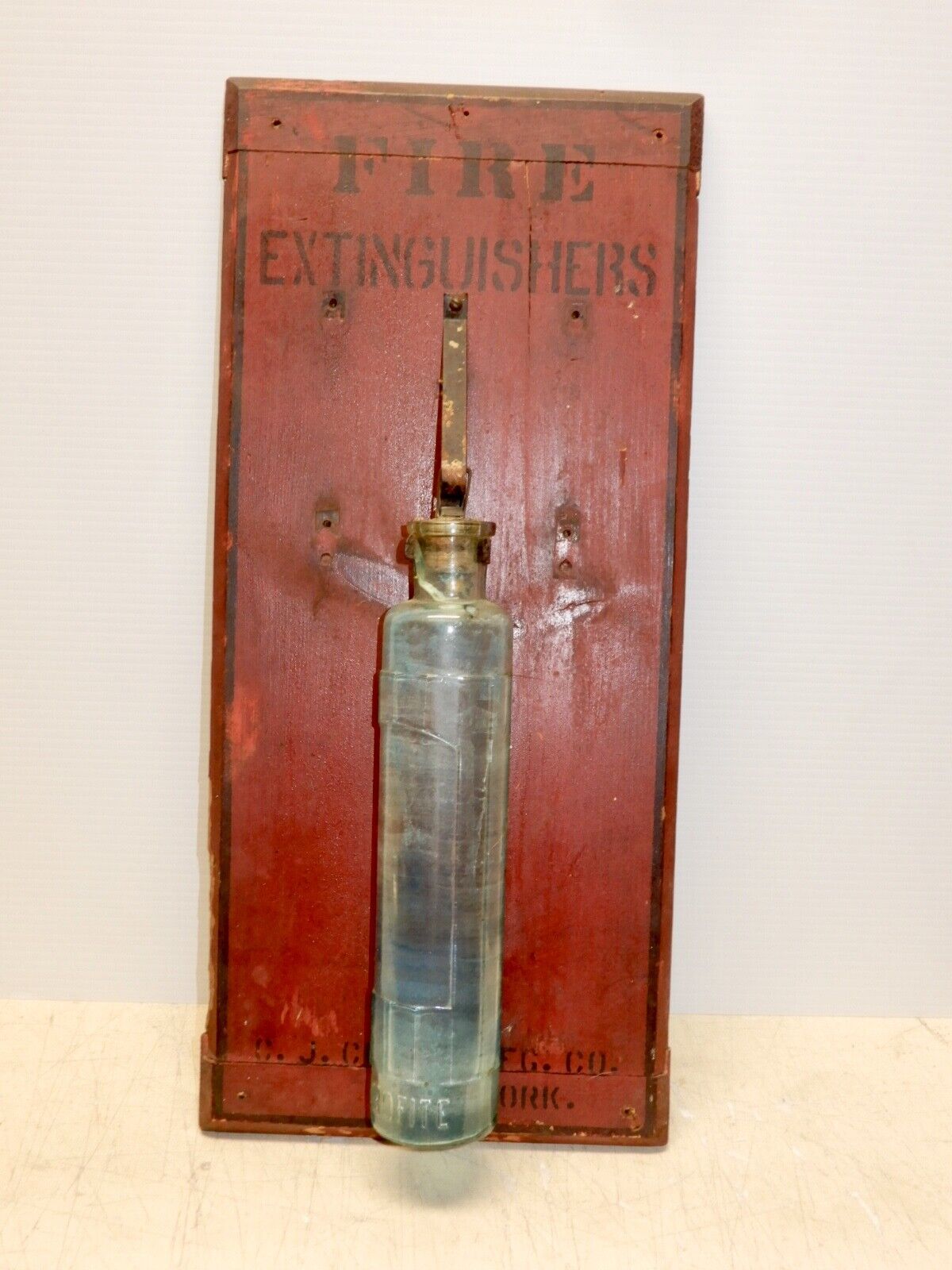 ANTIQUE PYROFITE FIRE EXSTINGUISHER J. CROSS NEW YORK WITH BACKBOARD