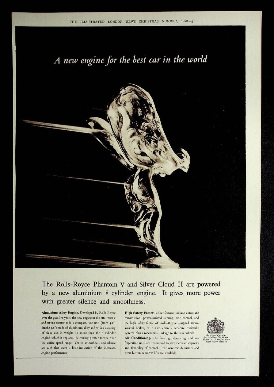 1959 Paper Advert, Rolls Royce Car, Spirit o Ecstasy, New Aluminium Engine