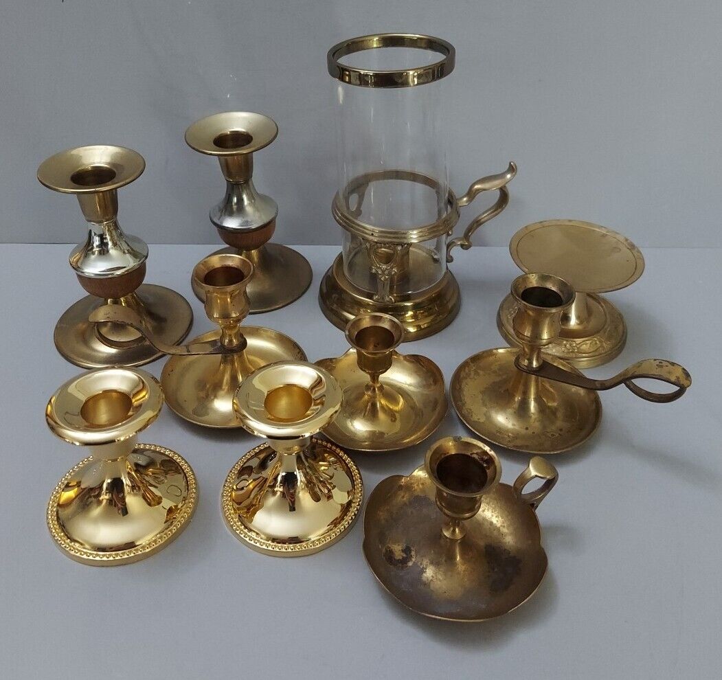 Brass Candlestick Holders Lot of 10 Various Styles Elegant Wedding Party Gold
