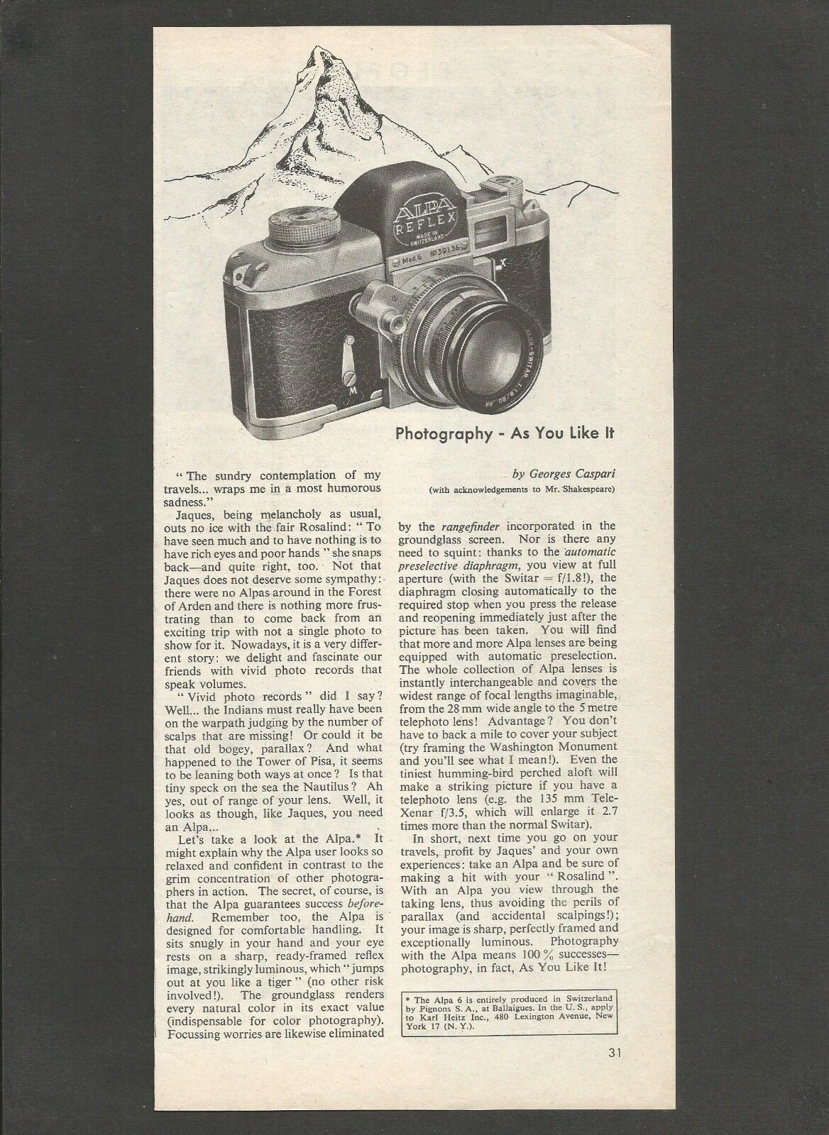 ALPA REFLEX Model 6 Swiss camera - 1958 Vintage Print Ad